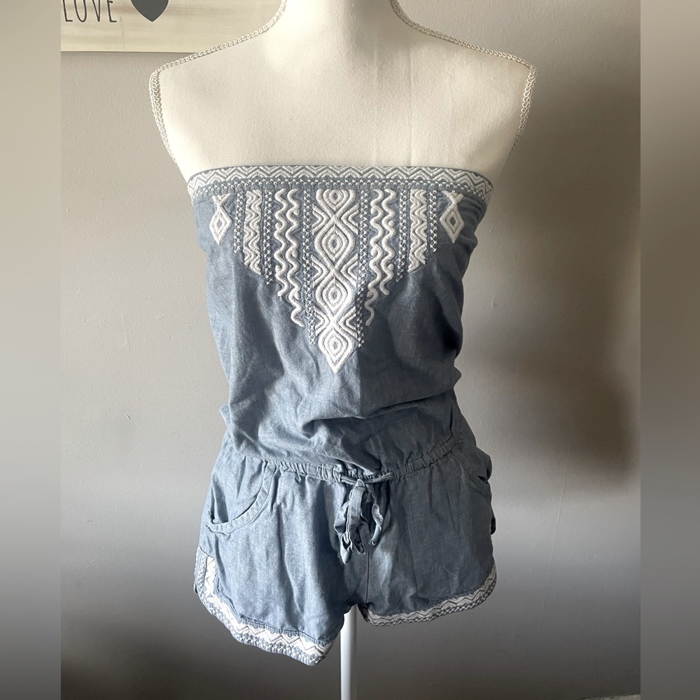 Boho Western Chambray Embroidered Strapless Hollister Romper